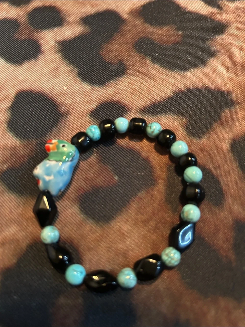 Hand Crafted Turquoise & Black Beaded Bracelet with Ceramic Bird Accent